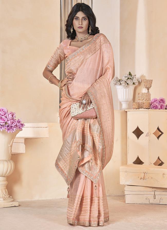 Linen Peach Festival Wear Coding Work Saree